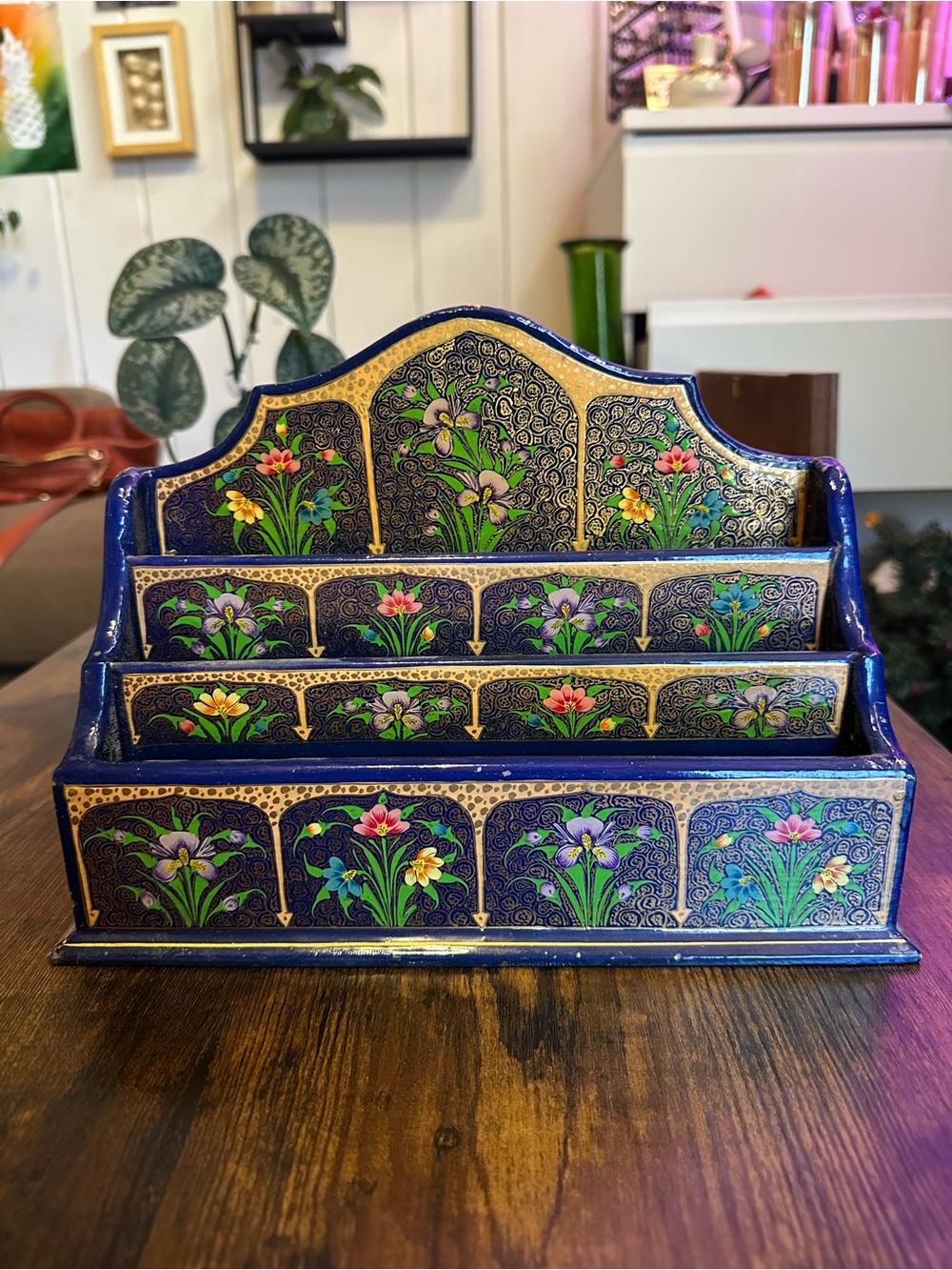 Hand-Painted Floral Wooden Desk Organizer - Blue & Gold